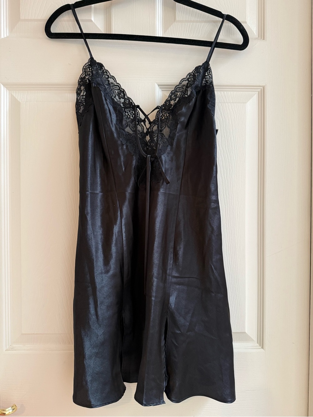Fredericks of Hollywood Black Lace-Trim Satin Chemise Size S